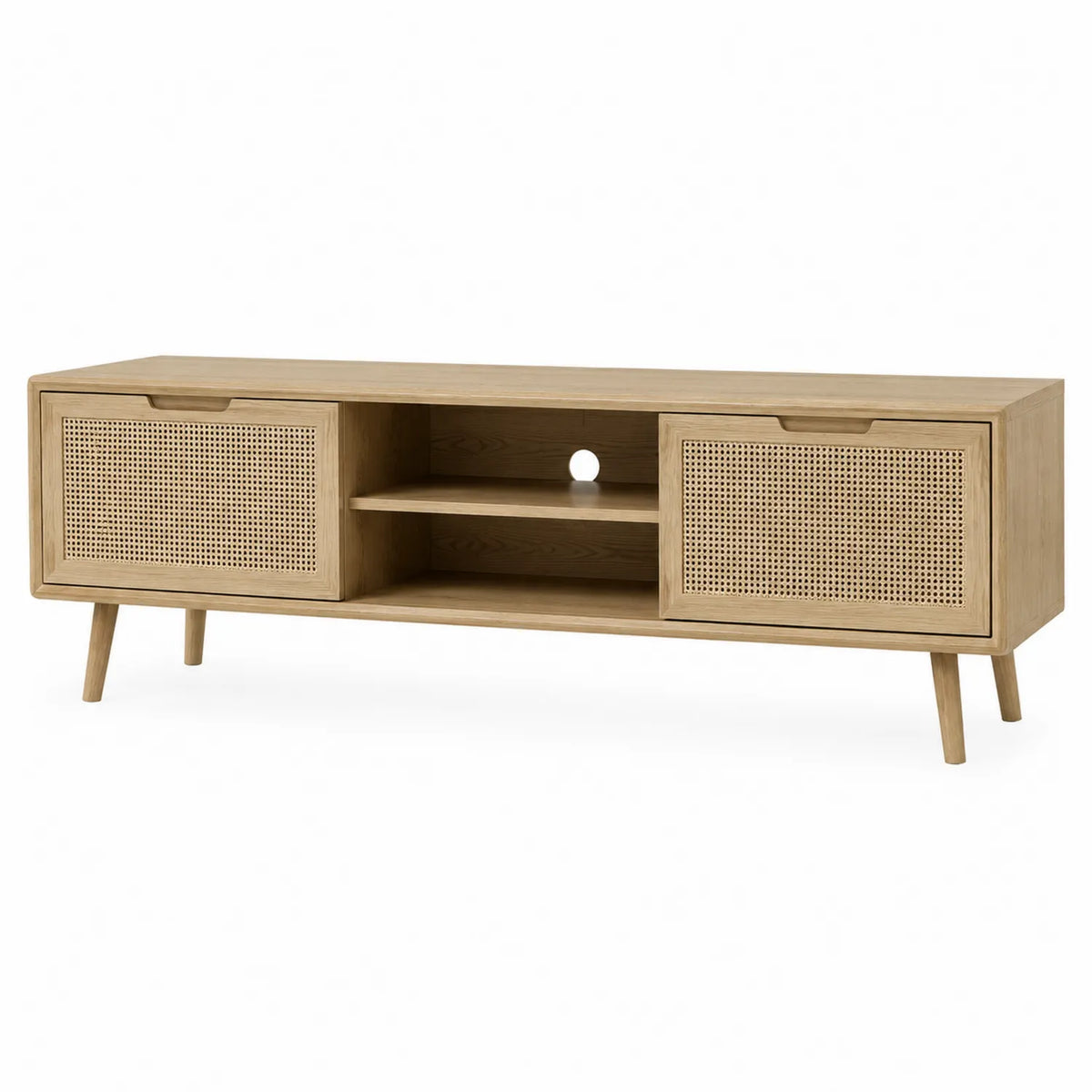 TV-Schrank aus Eichenholz mit Rattantüren und Mittelregal 140cm