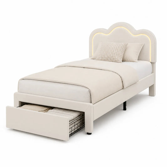 Einzelbett mit LED-Beleuchtung und Schublade Stoff Beige 90x200 cm