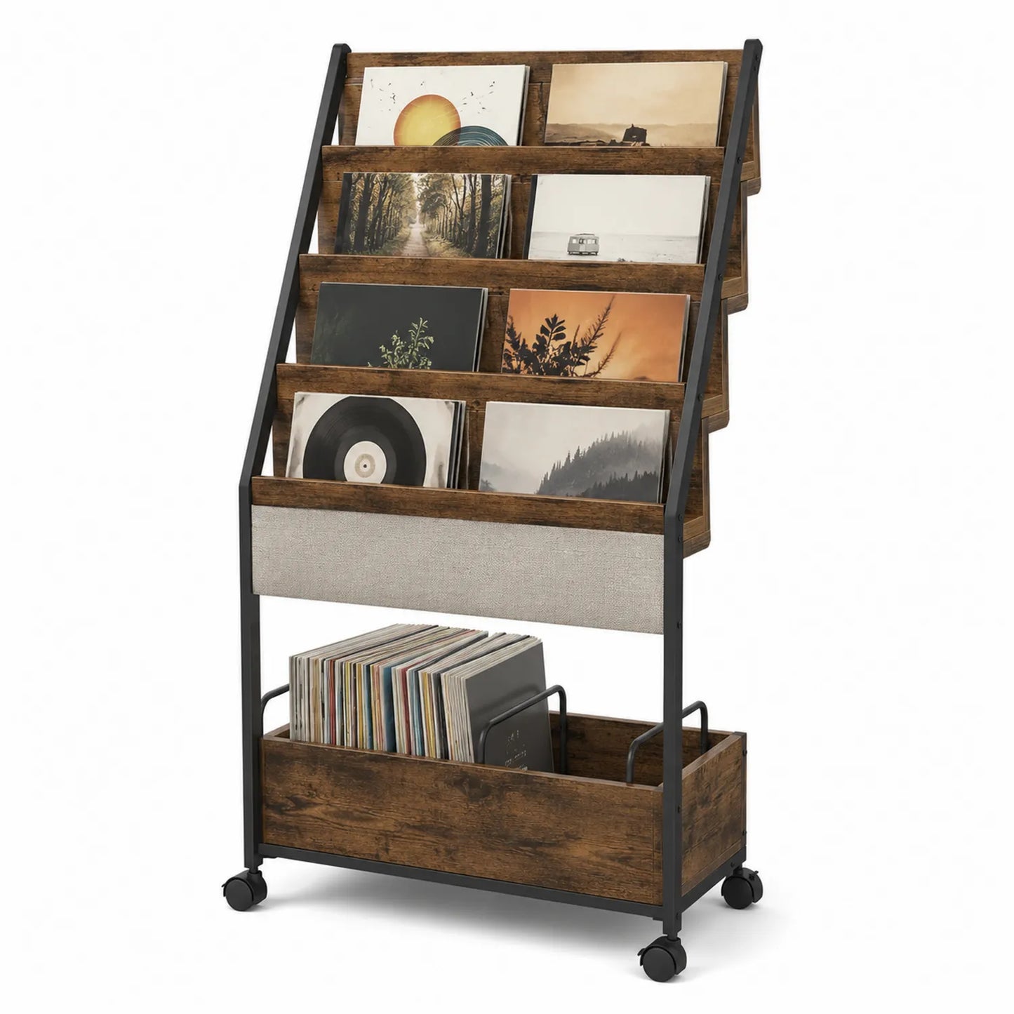 Vinyl Aufbewahrungsregal Holz Metall Braun 60x40x140cm mit Rollen