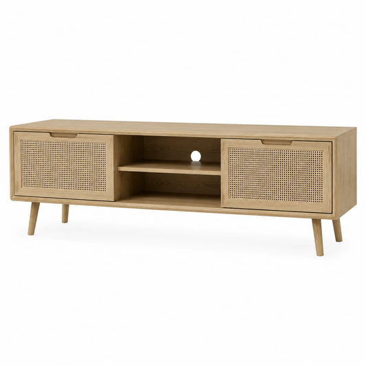 TV-Schrank aus Eichenholz mit Rattantüren und Mittelregal 140cm