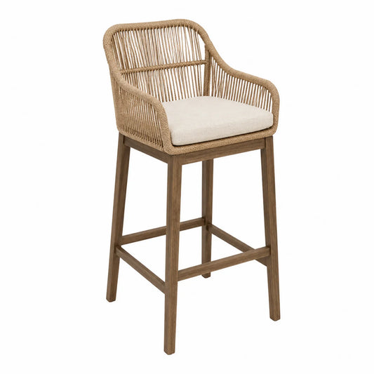 Barhocker mit Rattan und Holzrahmen, Beige