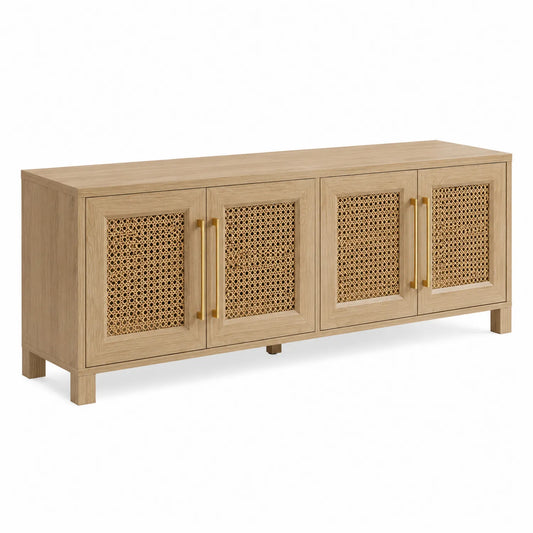 Eichenholz TV-Schrank mit Rattangeflecht, 4-türig, 180 cm