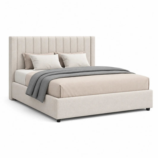 Stoffpolsterbett Beige 200x180 cm mit hohem Kopfteil